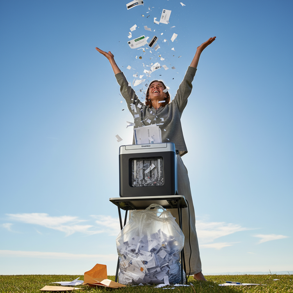 A person happily shredding credit card statements, with a clear blue sky in the background, symbolizing financial freedom and relief. The focus is on the action of breaking free from debt.