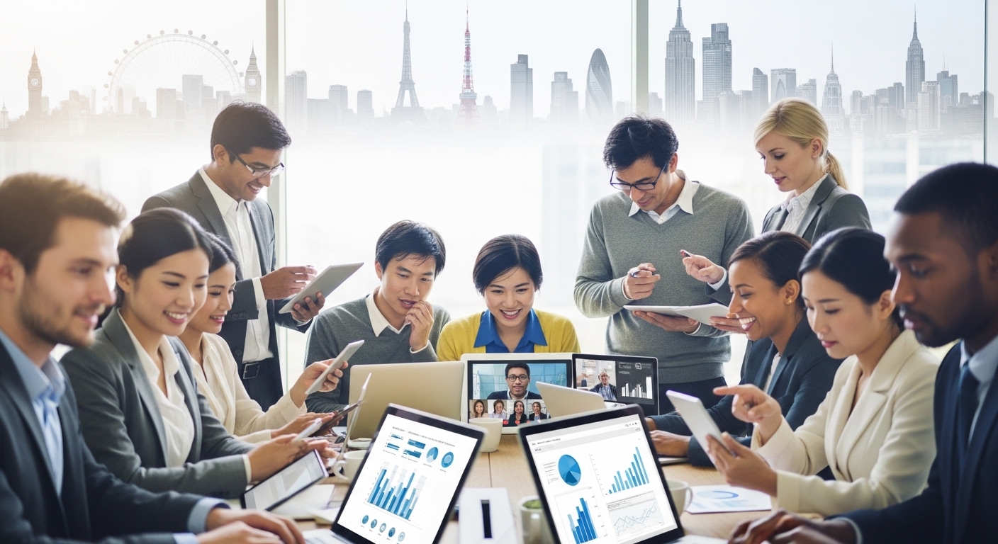 A diverse group of UK expat entrepreneurs from various countries collaborating seamlessly on laptops and tablets, with global city skylines faintly visible in the background, representing international business operations.