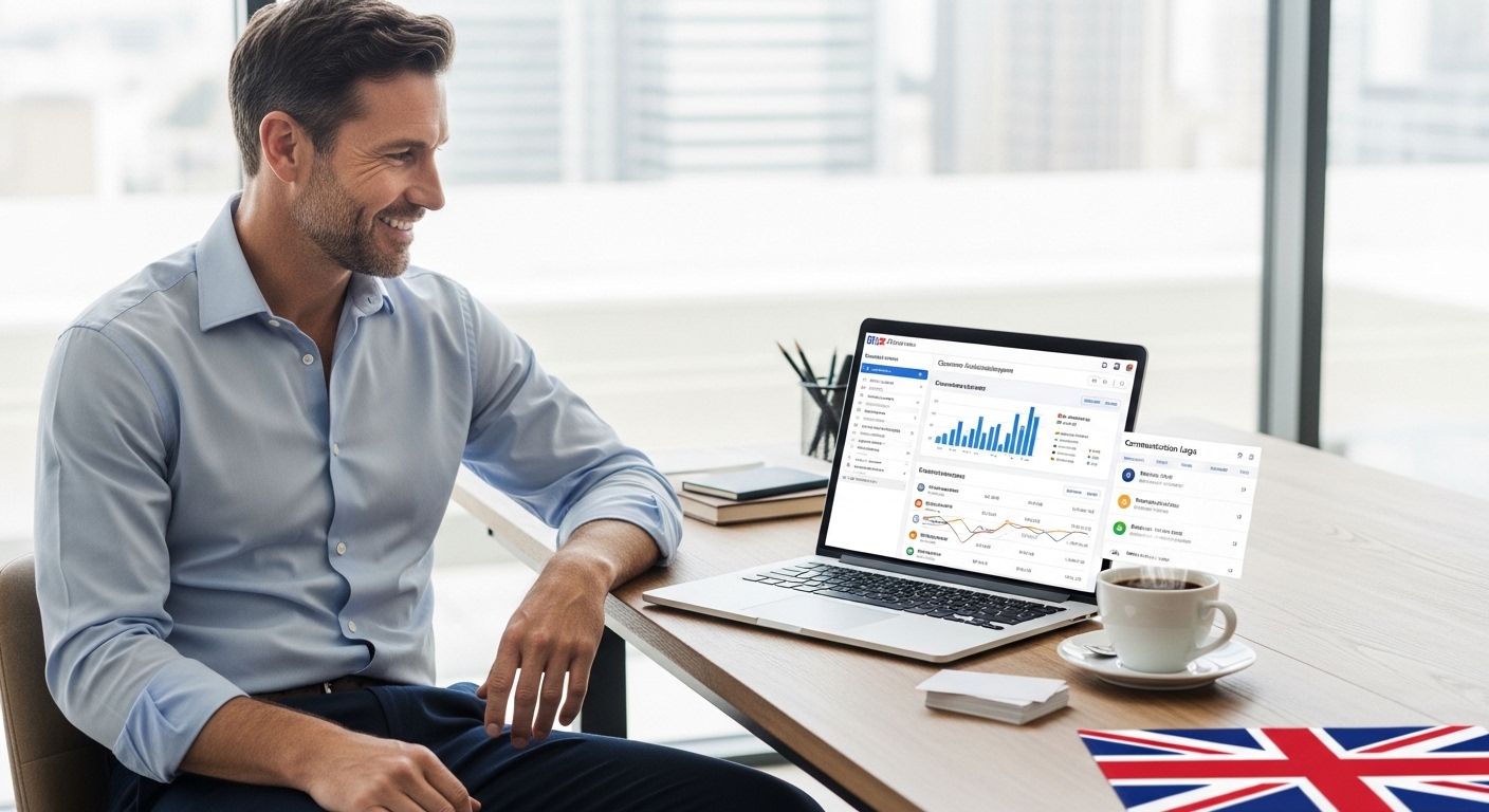 A smiling UK expat business owner sitting comfortably at a desk, looking at a laptop screen displaying a user-friendly CRM dashboard with clear customer data, charts, and communication logs, with a cup of coffee nearby, representing efficient business management.