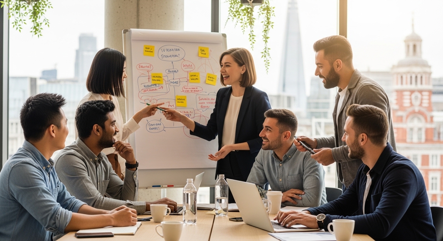 a diverse group of expat entrepreneurs happily collaborating in a modern co-working space in London, brainstorming ideas with a laptop and whiteboards, bright and energetic atmosphere, photorealistic