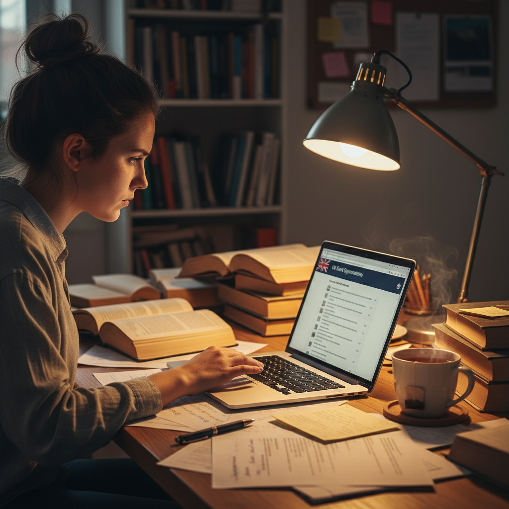 a person sitting at a desk, surrounded by papers and a laptop, looking determined and focused while researching UK grant opportunities online, a cup of tea nearby, warm and studious lighting, photorealistic