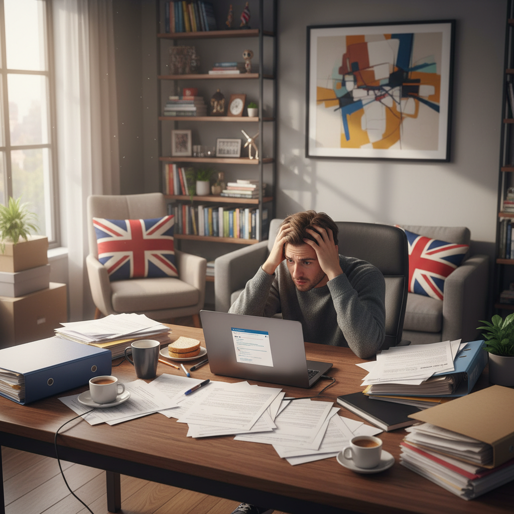 A frustrated expat sitting at a desk, surrounded by piles of complex UK immigration forms and documents, looking overwhelmed with a puzzled expression. The background is a modern, slightly cluttered home office with a Union Jack subtly visible in the decor. Photorealistic, soft natural lighting.