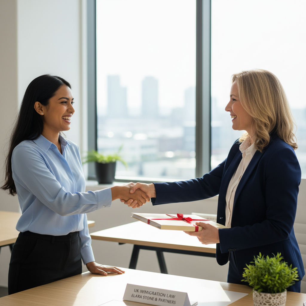 A diverse expat couple, smiling and looking relieved, shaking hands with a professional and friendly UK immigration lawyer in a modern, well-lit office. The lawyer is handing them a folder, indicating successful resolution. Natural, warm lighting, focus on positive interaction. Photorealistic.