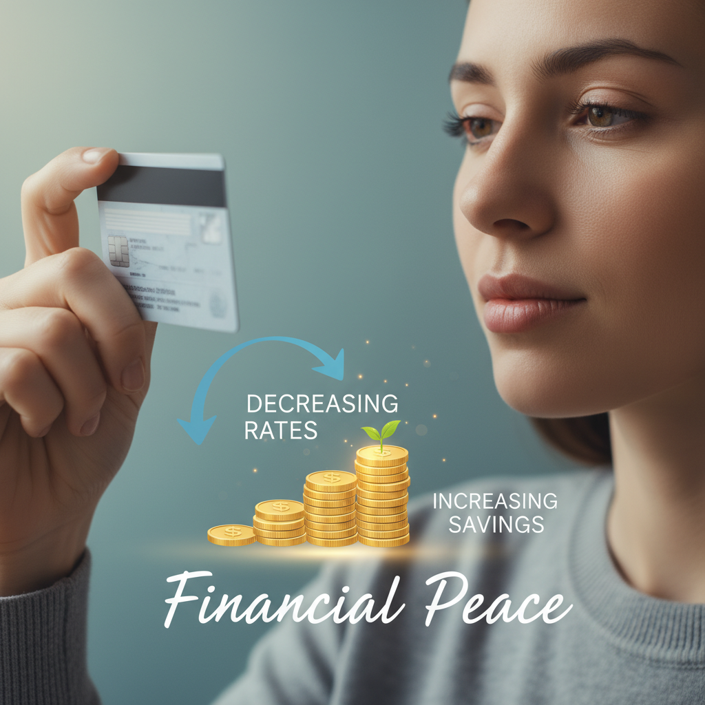 A person looking thoughtfully at a credit card, with a calm and serene expression, while a background graphic subtly shows a downward arrow indicating decreasing interest rates and a rising stack of coins or savings, illustrating financial peace. Photorealistic, soft lighting.