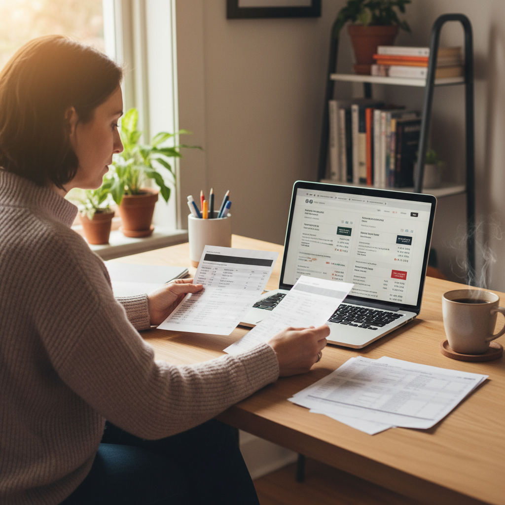 A person sitting comfortably at a desk, reviewing credit card statements and a laptop screen displaying comparison websites, with a cup of coffee nearby. The scene conveys diligence and informed decision-making in a modern, well-lit home office setting. Photorealistic, warm and inviting.