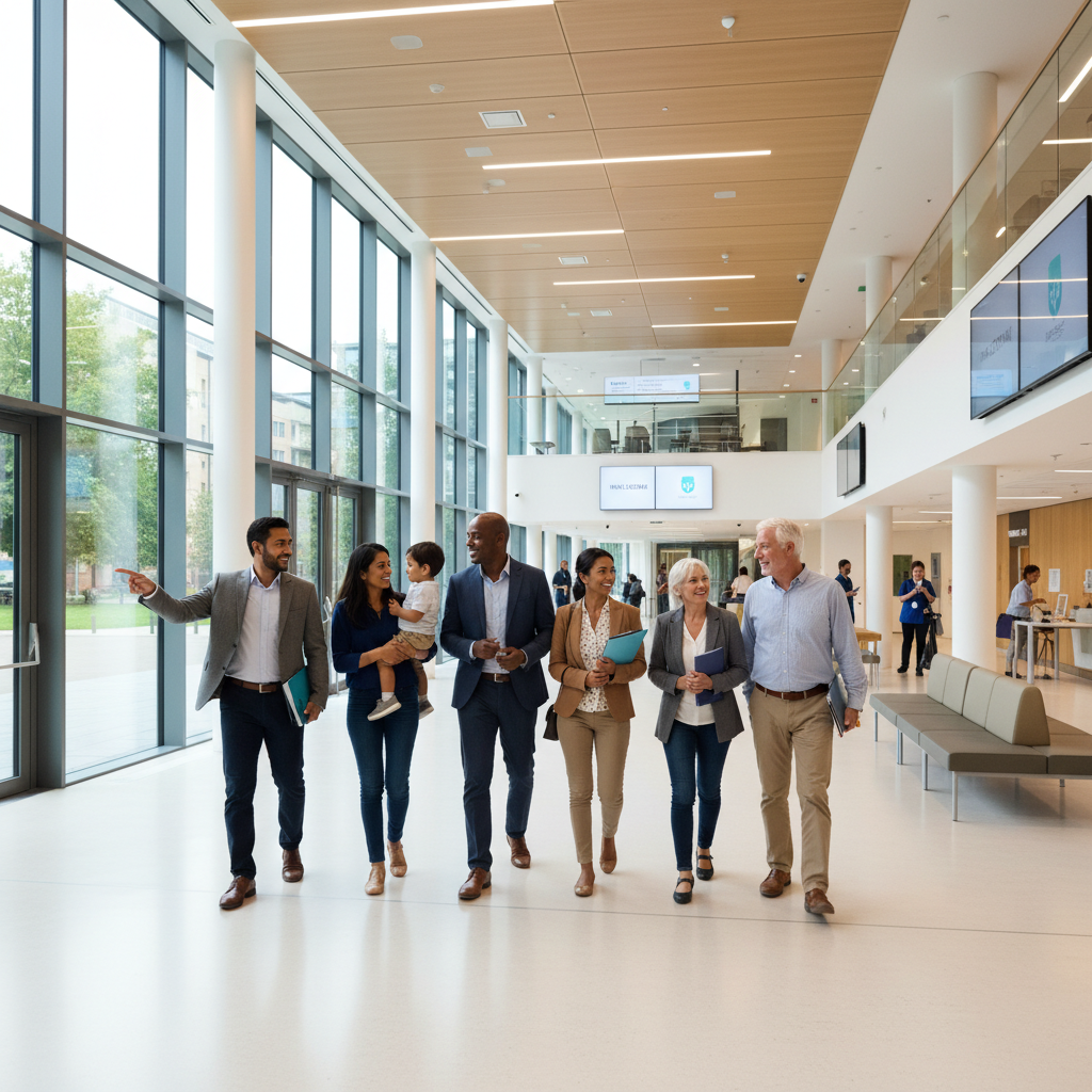 A diverse group of smiling expats confidently walking through a bright, modern UK hospital lobby, looking relaxed and informed. The lighting is soft and natural, emphasizing a sense of calm and accessibility.