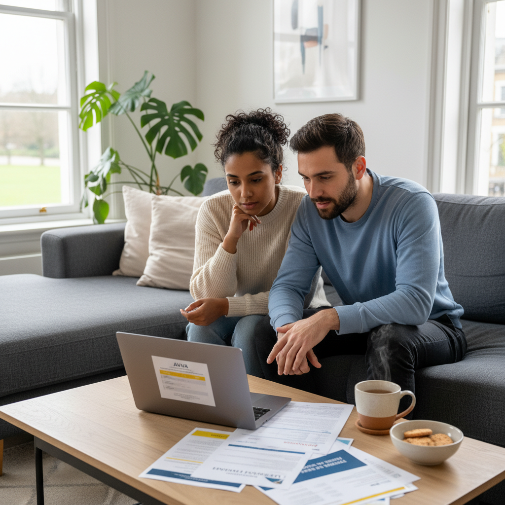 A young, diverse couple sits on a comfortable sofa in their modern UK living room, casually reviewing health insurance policy documents on a laptop and comparing options. There's a warm cup of tea on the coffee table, depicting a relaxed yet informed decision-making process.