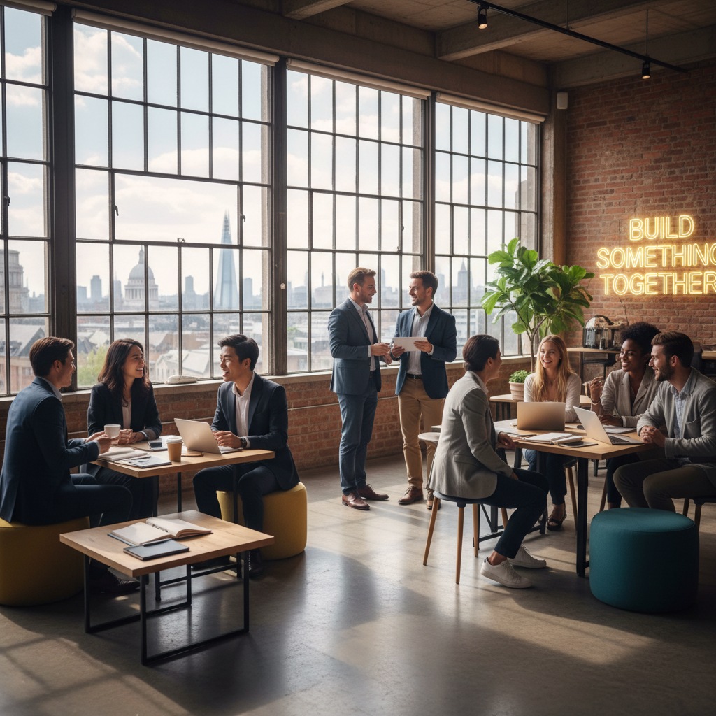 A diverse group of enthusiastic entrepreneurs from around the world smiling and networking in a modern, light-filled co-working space in London, with iconic city landmarks visible blurred in the background, a sense of opportunity and collaboration.