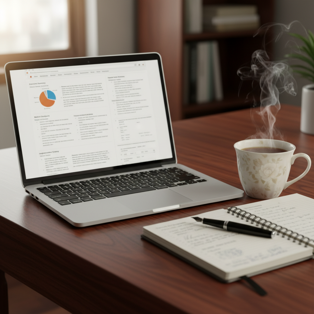 A close-up, photorealistic shot of an open laptop displaying a a detailed business plan document on screen, next to a steaming mug of English breakfast tea, a pen, and a notebook with handwritten notes on a polished wooden desk, with soft natural light coming from a window, conveying focus and planning.