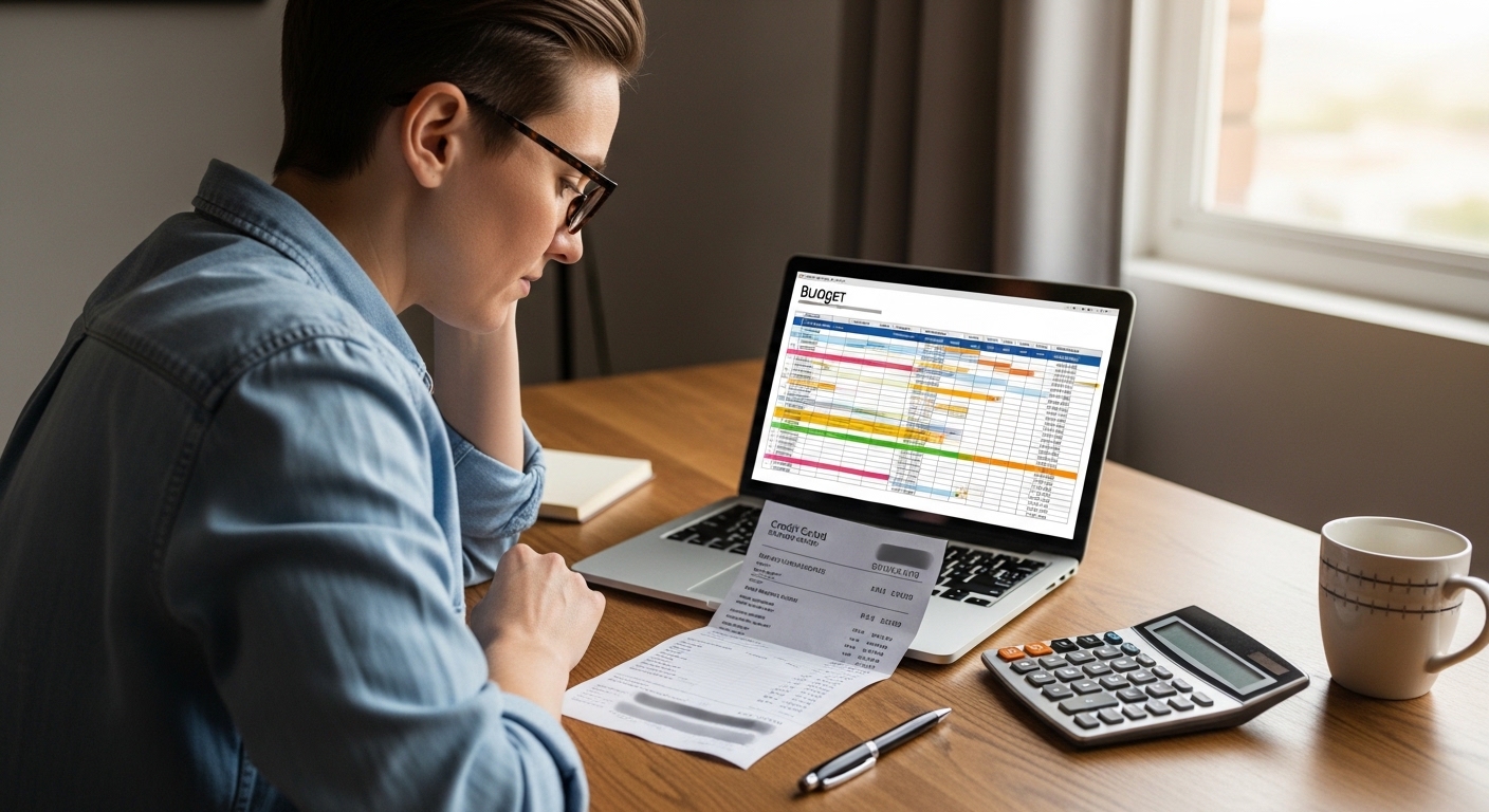 A person sitting at a desk, carefully reviewing a credit card statement and a budget spreadsheet on a laptop, with a calculator and a pen nearby. The scene should convey financial prudence and thoughtful money management, photorealistic style.