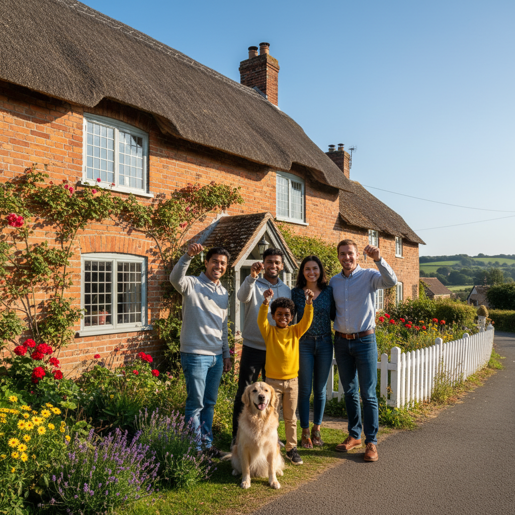 A diverse group of cheerful expats, perhaps a couple and a family, smiling brightly as they stand in front of a charming traditional brick house in a picturesque British village, holding house keys. The sky is bright blue, and there are blooming flowers in the garden, conveying a sense of happiness and achievement in owning a UK home. Photorealistic, wide shot.