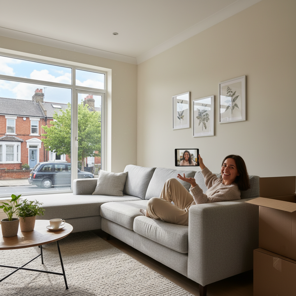 A person sitting comfortably on a modern sofa in a bright, airy living room of a newly purchased UK home, happily video calling a friend or family member on a tablet, showing off their new surroundings. Sunlight streams through a large window, revealing a glimpse of a quintessential British street outside. The atmosphere is relaxed and joyful. Photorealistic, medium shot.