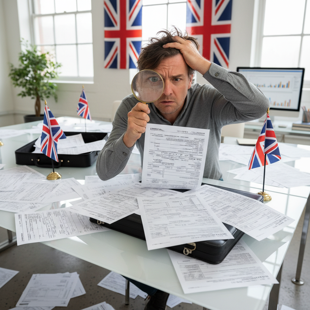 A person with a confused expression, surrounded by complex tax forms and UK flags, holding a magnifying glass and looking overwhelmed in a modern, brightly lit office. Realistic, high detail.