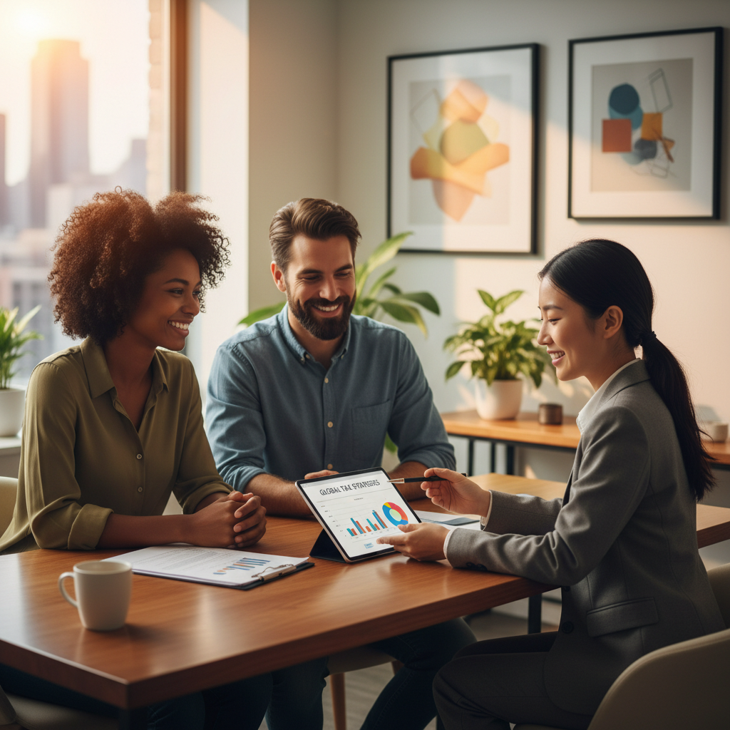 A diverse expat couple, smiling and relaxed, sitting across a desk from a friendly, professional financial advisor who is pointing at a digital tablet screen, discussing tax strategies in a modern, well-lit office. Realistic, warm lighting.