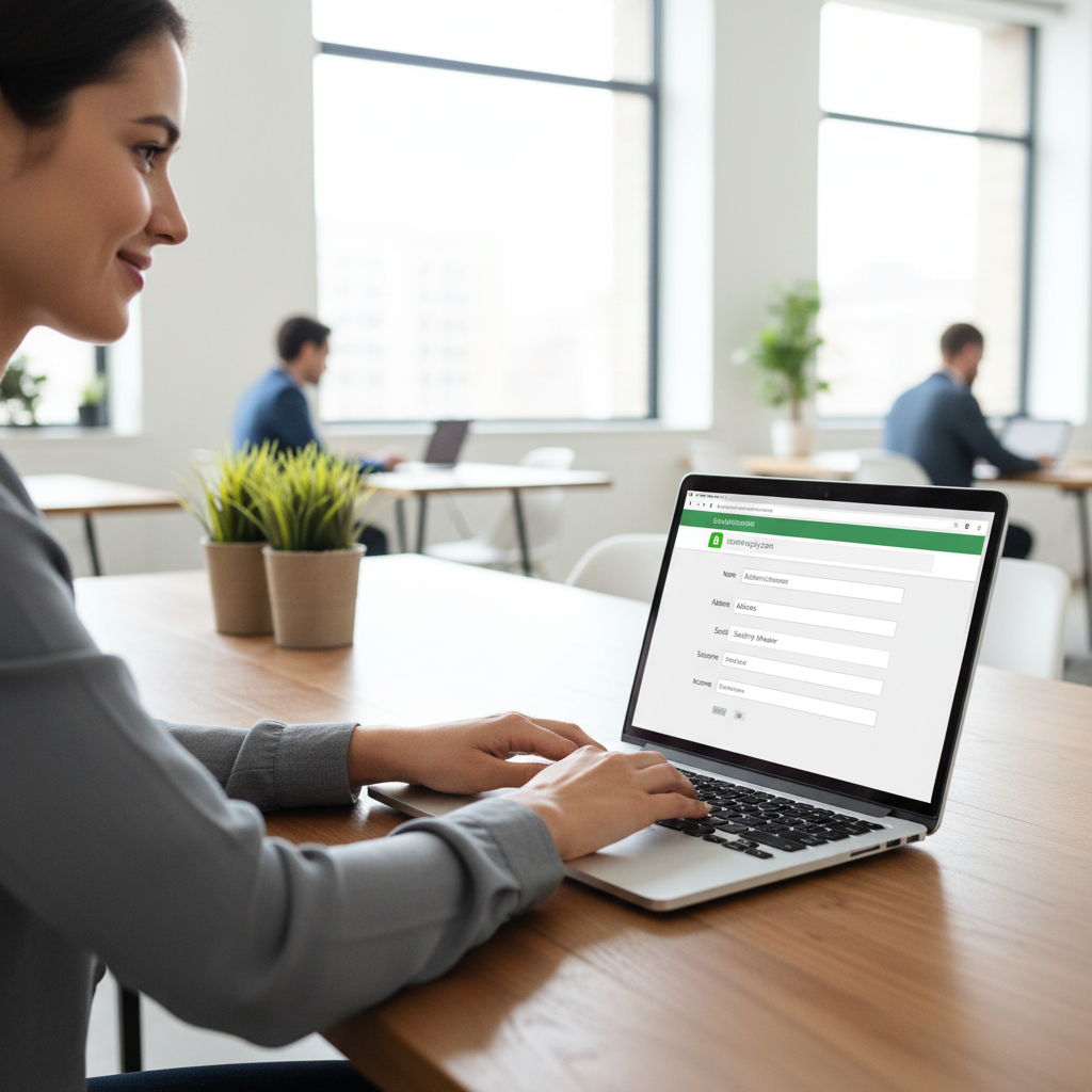 A person with a relaxed smile, confidently typing information into a credit card application form on a sleek laptop. A secure lock icon is visible in the browser's address bar, emphasizing data protection. The background is a modern, light-filled office setting. Photorealistic style.