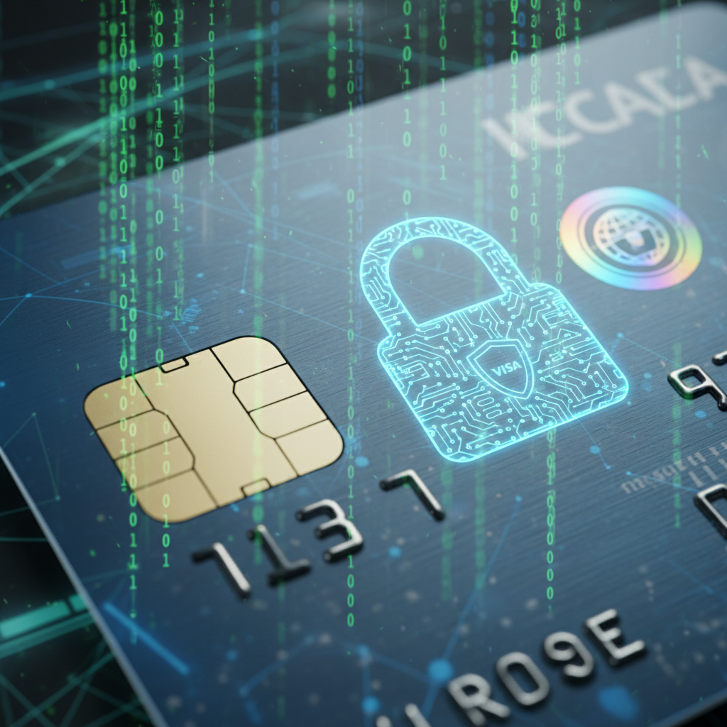 A close-up, high-definition shot of a modern credit card, highlighting its security features like an EMV chip and a holographic security emblem. A digital lock icon is superimposed over the card, with subtle binary code flowing in the background, symbolizing digital security. Photorealistic and detailed.