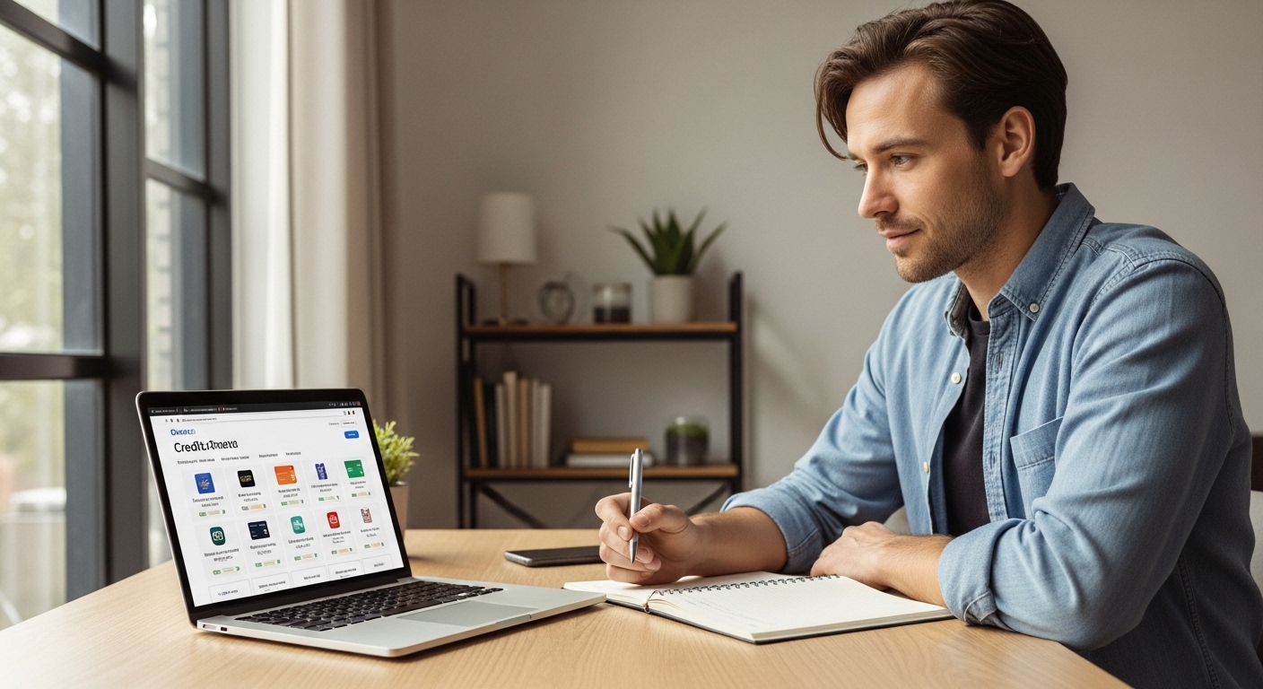 A person sitting at a desk, looking thoughtfully at a laptop screen displaying various credit card options and information. The background is a clean, modern home office setting with natural light. The person has a determined but relaxed expression, perhaps with a pen in hand as if taking notes. Photorealistic, soft focus background.