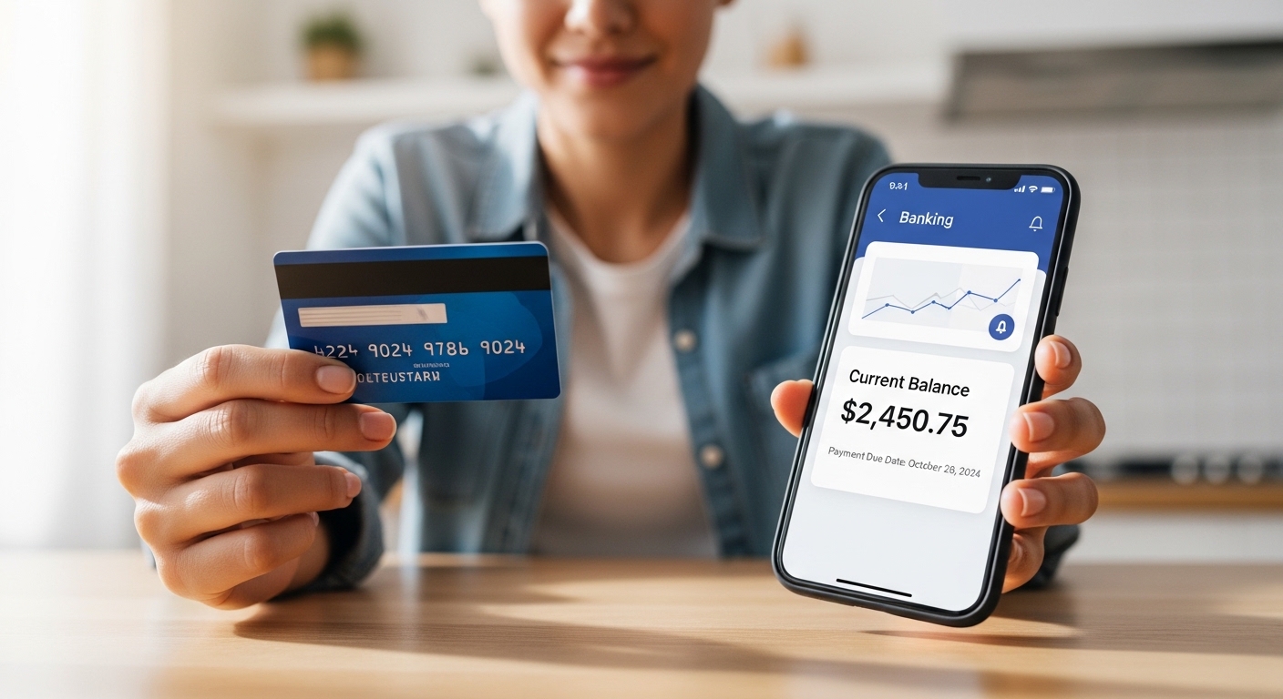 A person holding a credit card and their smartphone, looking at a banking app displaying their current balance and payment due date. The setting is bright and clean, perhaps a kitchen counter or a home office. The person has a satisfied and organized look. Photorealistic, focused on the interaction with the card and phone.