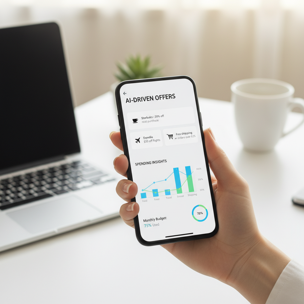 A close-up, photorealistic image of a hand holding a smartphone displaying a sleek credit card app interface with AI-driven personalized offers and spending insights. The background is blurred, showing a modern, minimalist desk setup.
