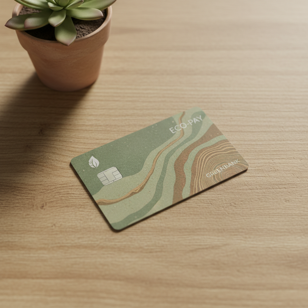 A high-angle, photorealistic shot of a modern, sleek credit card made from recycled materials, resting on a wooden surface with a small plant in the background, subtly indicating sustainability. The card design should incorporate subtle green or earthy tones.