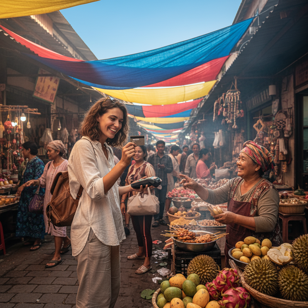 A smiling traveler confidently paying for a street food snack in a vibrant, bustling foreign market with a credit card, feeling no financial stress. The market is colorful with exotic goods and happy faces, under a clear blue sky. Photorealistic, wide shot.