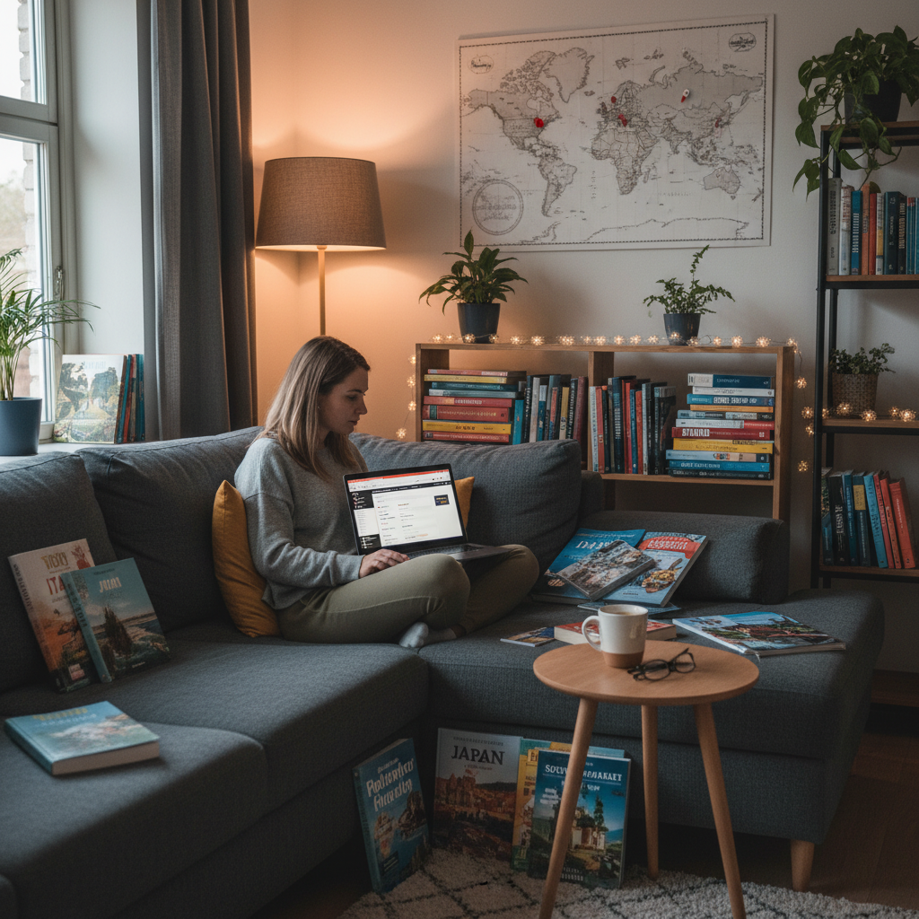A person sitting comfortably on a couch, intently researching various credit card options on a laptop, surrounded by travel guidebooks and a world map. The atmosphere is relaxed yet focused, showcasing modern home office setup. Realistic, warm lighting.