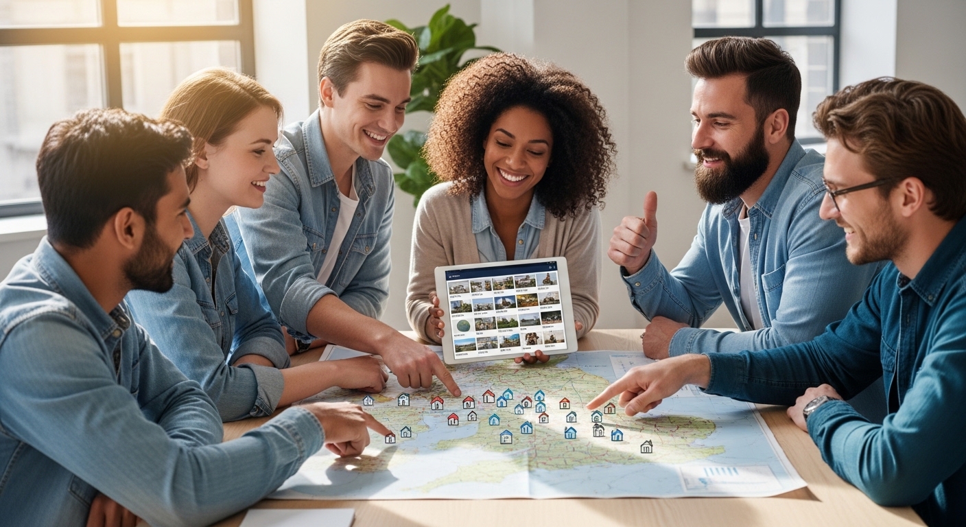 A diverse group of smiling expats from various backgrounds, casually dressed, gathered around a large table, pointing at a map of the United Kingdom with small house icons. One expat is holding a tablet showing various UK property listings, while another makes a 'thumbs up' gesture. The scene is bright, modern, and friendly, illustrating collaborative investment planning.