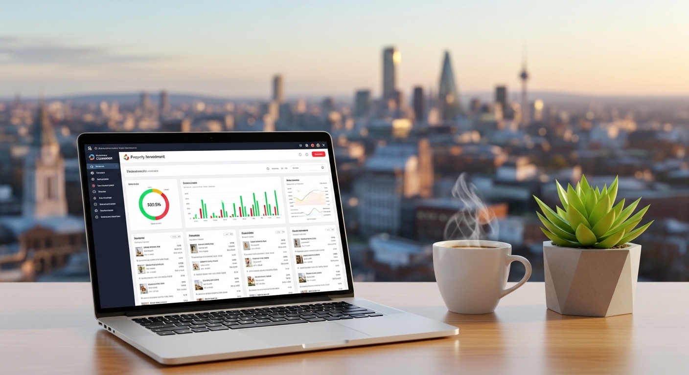 A clean, modern desk setup with a laptop displaying a property investment dashboard, a cup of coffee, and a small plant. In the background, there's a soft-focus image of a bustling UK city skyline at sunset, symbolizing a successful and well-managed investment. The overall feel is calm, professional, and indicative of financial growth, photorealistic.