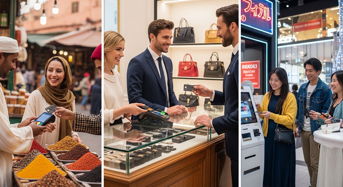 A diverse group of people from different countries using a Mastercard credit card at various international points of sale, like a street market stall in Morocco, a boutique in Paris, and a modern shopping mall in Tokyo. The image should convey global convenience and seamless transactions, with bright, natural lighting.