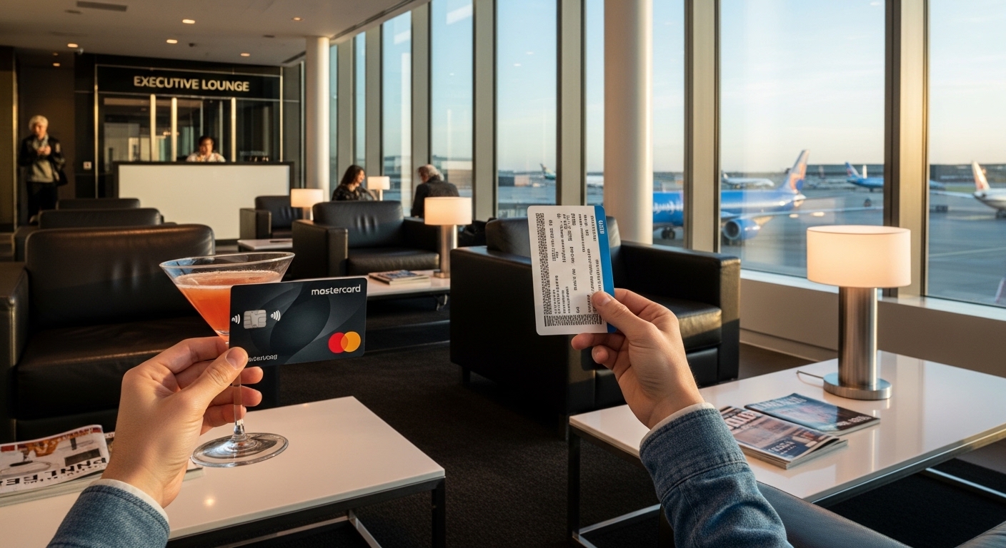 A person relaxing in a luxurious airport lounge, sipping a drink while looking at their Mastercard credit card and a boarding pass. The lounge is modern and comfortable, with large windows overlooking planes, conveying a sense of exclusive travel benefits and comfort.