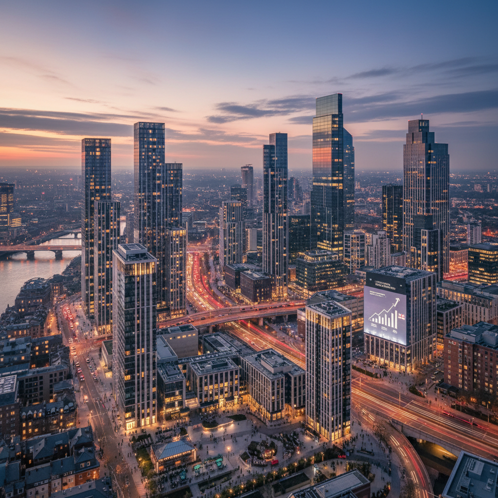 A wide-angle, photorealistic shot of a vibrant, modern cityscape in the UK at dusk, featuring a mix of contemporary residential buildings and commercial properties, with subtle lights glowing from windows, showcasing a bustling yet stable property market.