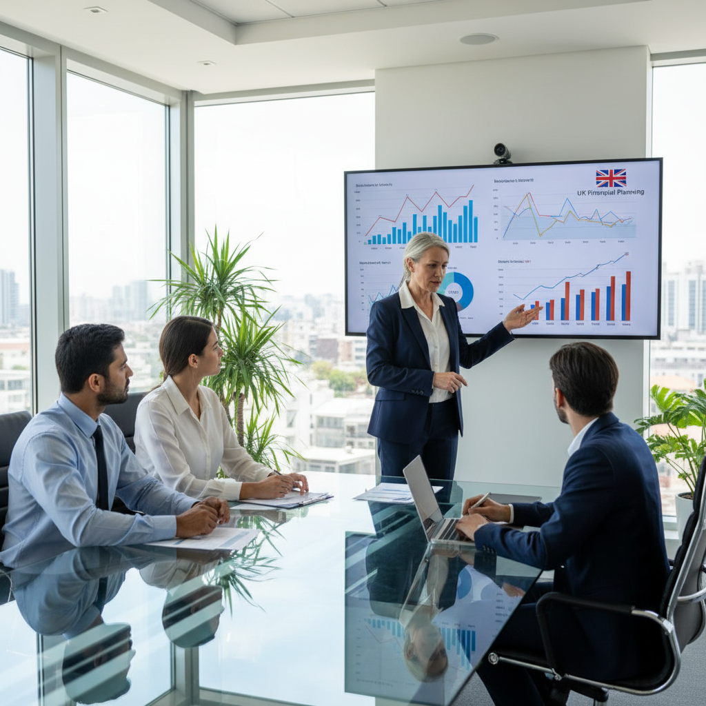 A diverse group of people, possibly expats, in a modern, bright office setting, engaging with a professional financial advisor who is pointing at a digital screen displaying various investment graphs and figures, with a subtle UK flag icon in the corner of the screen, indicating financial planning tailored for the UK.