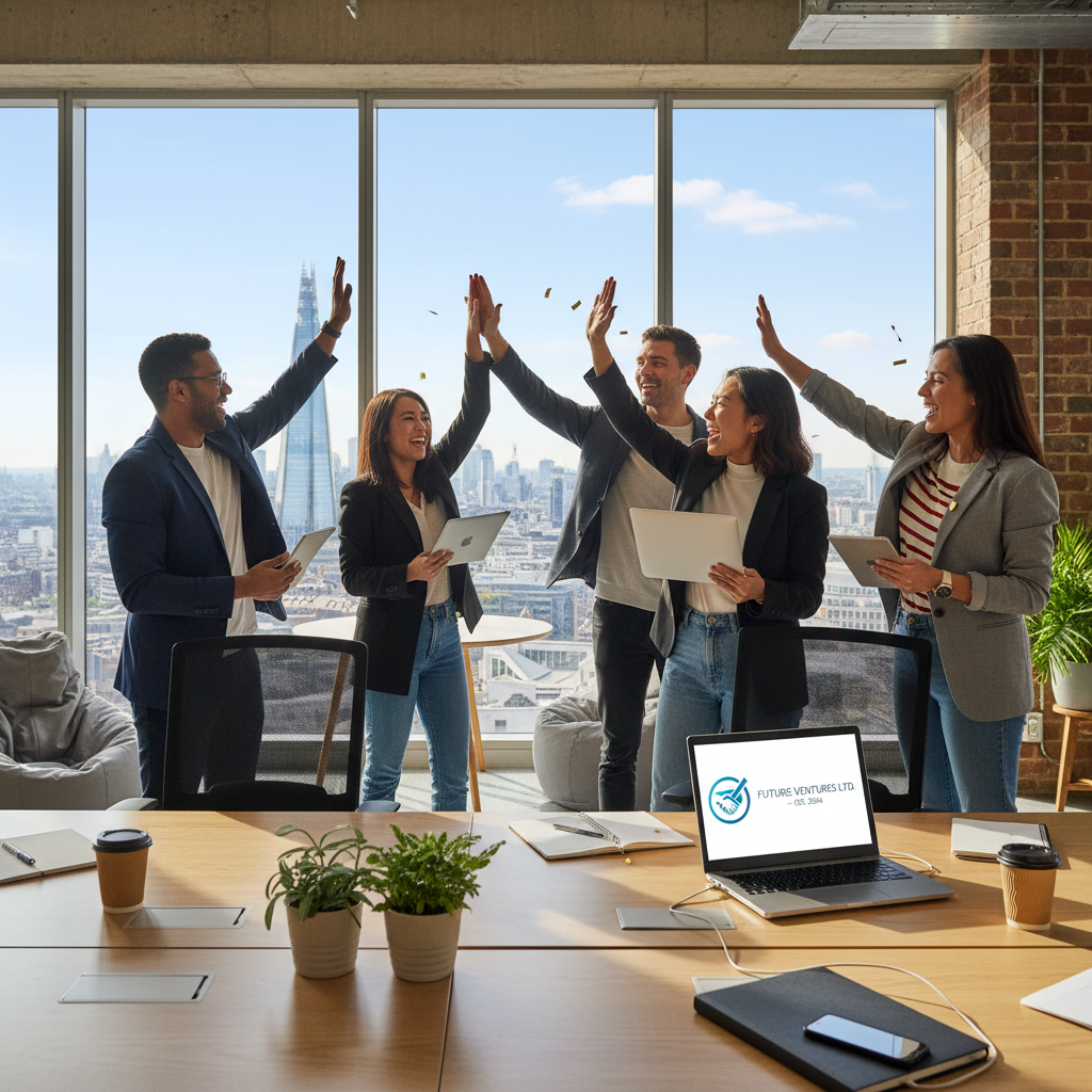 A diverse group of smiling entrepreneurs, some with laptops, casually collaborating in a modern, brightly lit co-working space with large windows overlooking a vibrant London city skyline. They are high-fiving, indicating successful company formation.