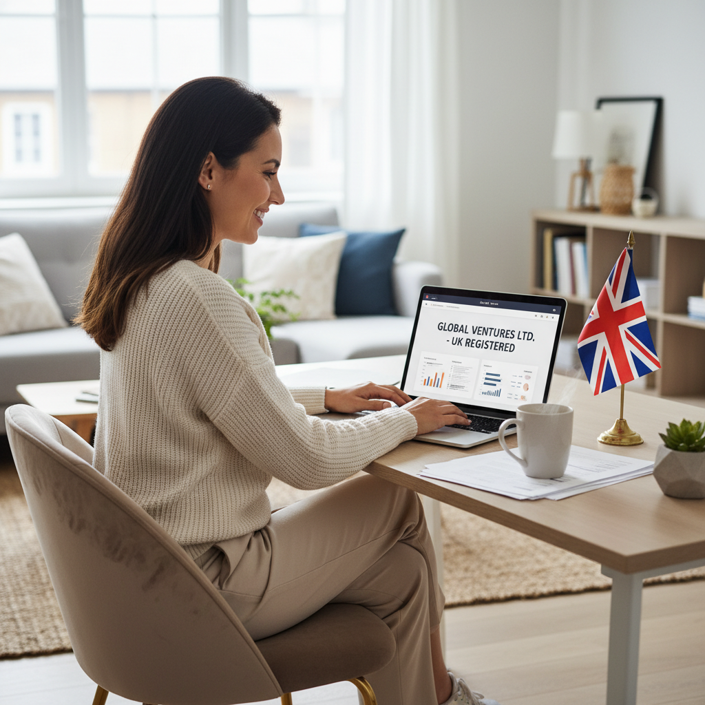 A confident and relaxed female entrepreneur, with a warm smile, sitting in a stylish home office, expertly managing her UK-registered company remotely on a sleek laptop. A small UK flag is subtly placed on her desk, and a blurred background shows a modern, cozy living space.